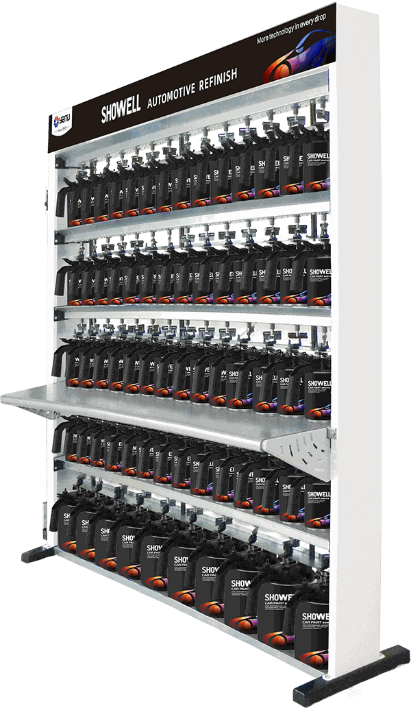 Miscelatore automatico YATU con le basi colore SHOWELL Automotive Refinish disposte sugli scaffali