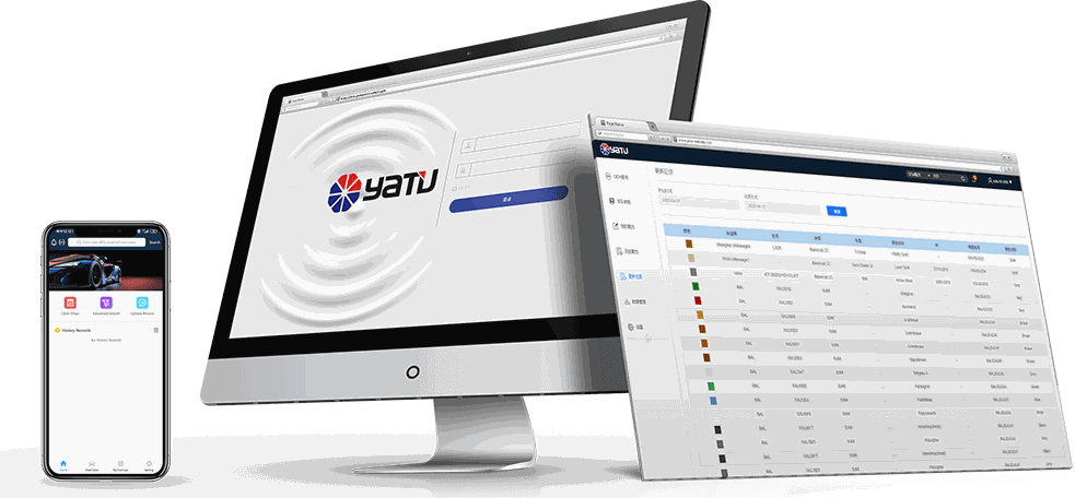 Piattaforma cloud YatuMix® mostrata su desktop, browser e smartphone con il database formule colore